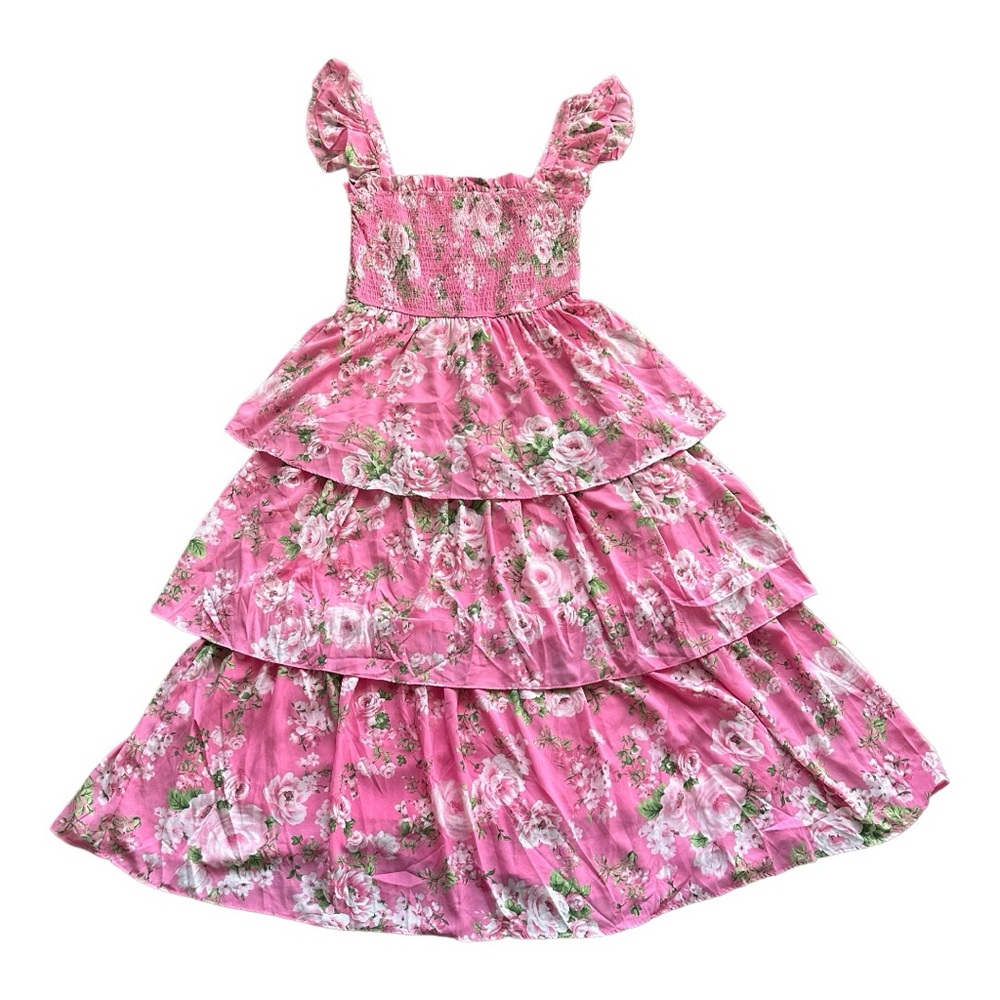August Sky Women’s Smocked Floral Tiered Midi Dress Pink Multi Colored Floral L